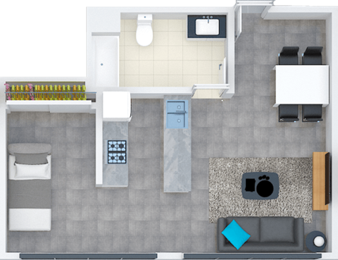 Floor plan for 1 bed, 1 bath, 740 sqft